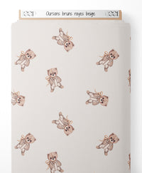 Tissu - Oursons bruns rayés beige